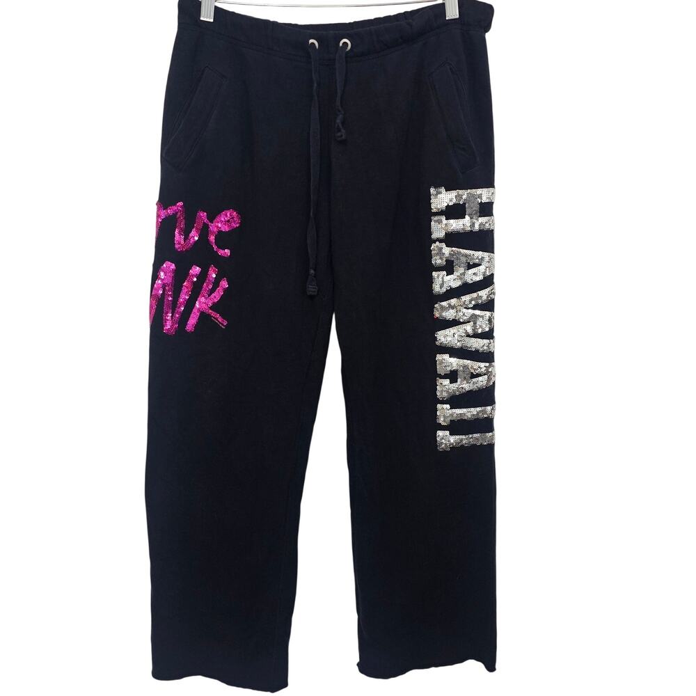 Victorias Secret Pink Hawaii Y2K Sweatpants Womens Small Black Sequin Graphic